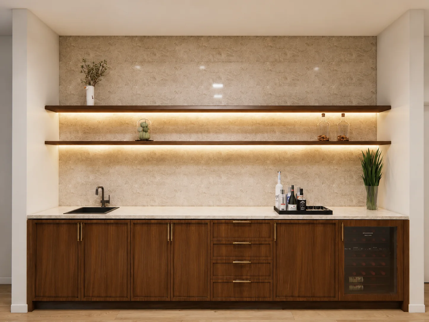 Club room wet bar with walnut cabinetry, lit floating shelves, and Brizo Frank Lloyd Wright fixtures