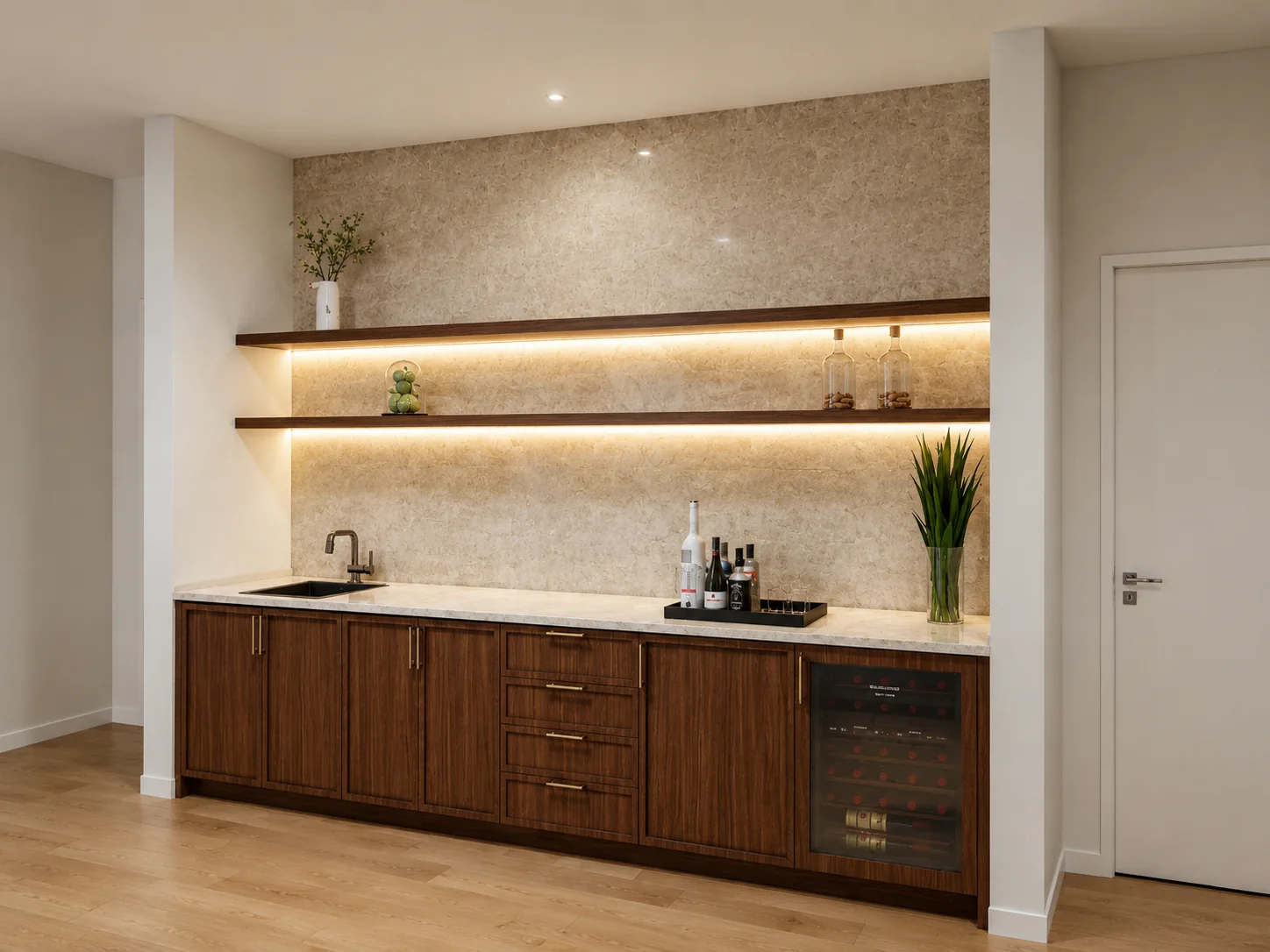 Club room bar with natural stone counter, wine refrigerator, and stone backsplash