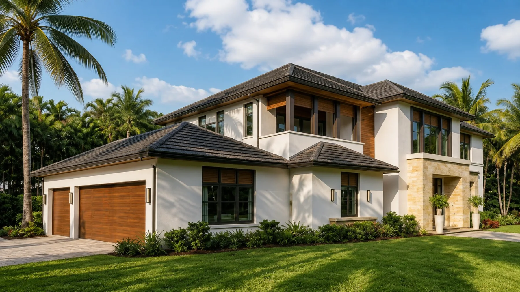 Front-left elevation with three-car garage