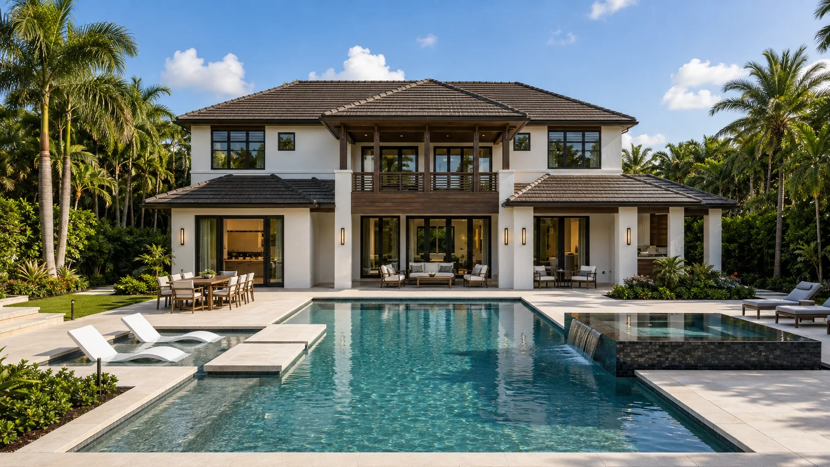 Rear elevation with resort pool and spa