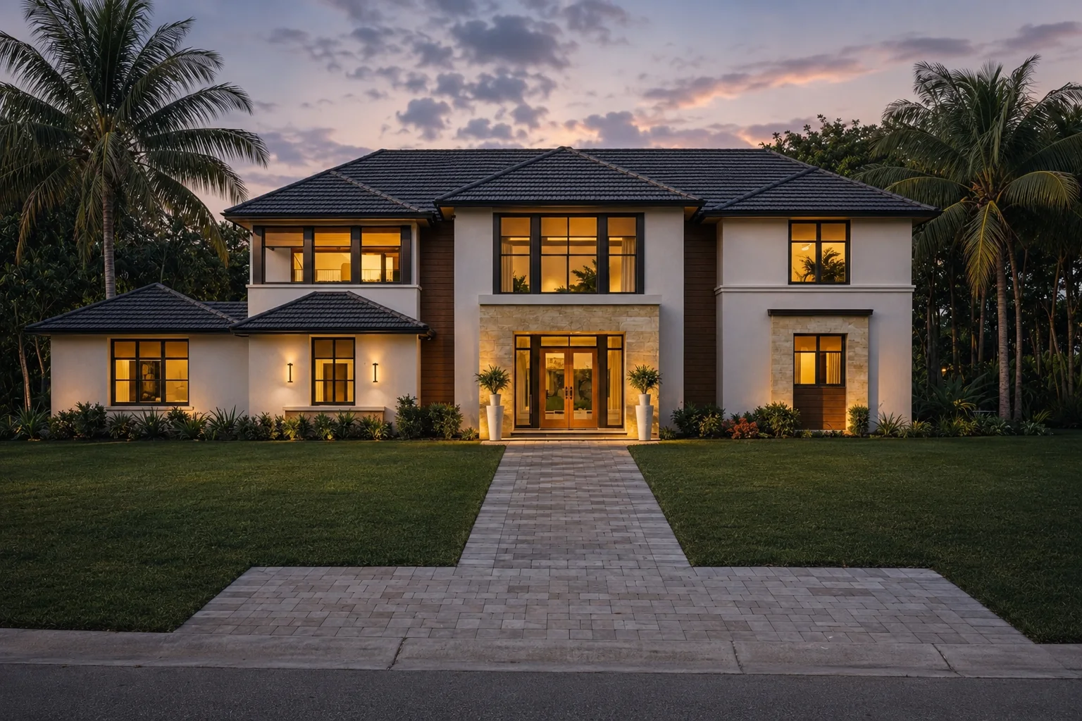 Front elevation at twilight